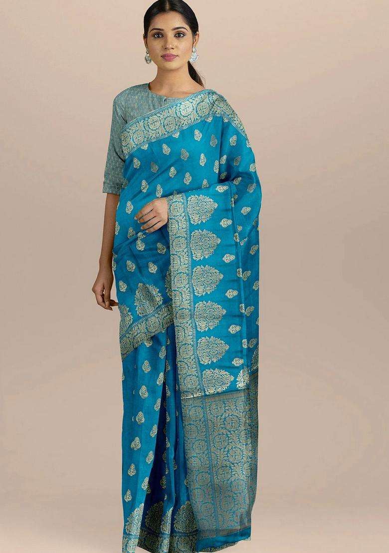 Blue Color Silk Saree With Big Booties And Heavy Pallu With Traditional Woven Design For Women - Indya