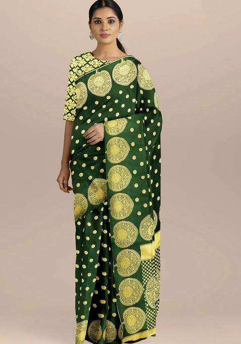 Leaf Green Color With Small Round Zari Booties And Heavy Pallu Pure Silk Saree With Traditional Woven Design For Women