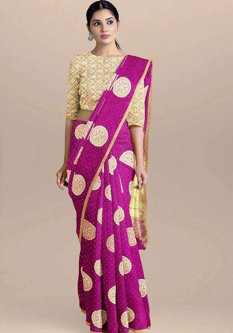Dark Purple Orchid Color With Golden Big Circle Booties And Small Golden Zari Dots Pure Silk Saree With Traditional Woven Design For Women