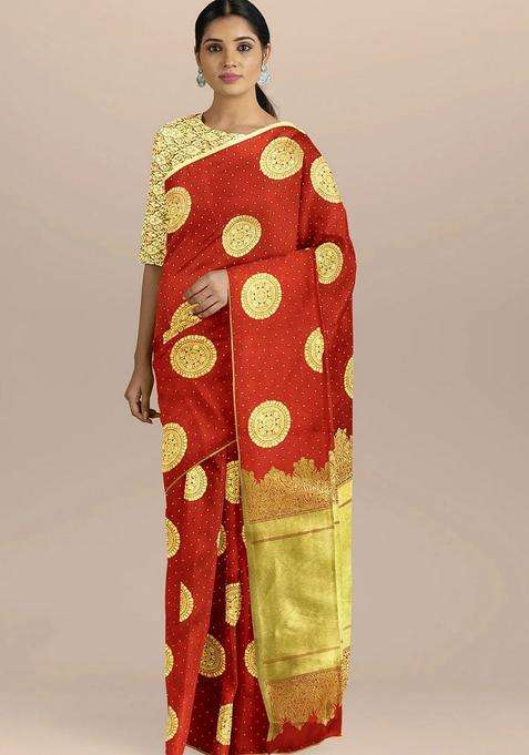 Blood Red Color With Golden Big Circle Booties And Small Golden Zari Dots Pure Silk Saree With Traditional Woven Design For Women