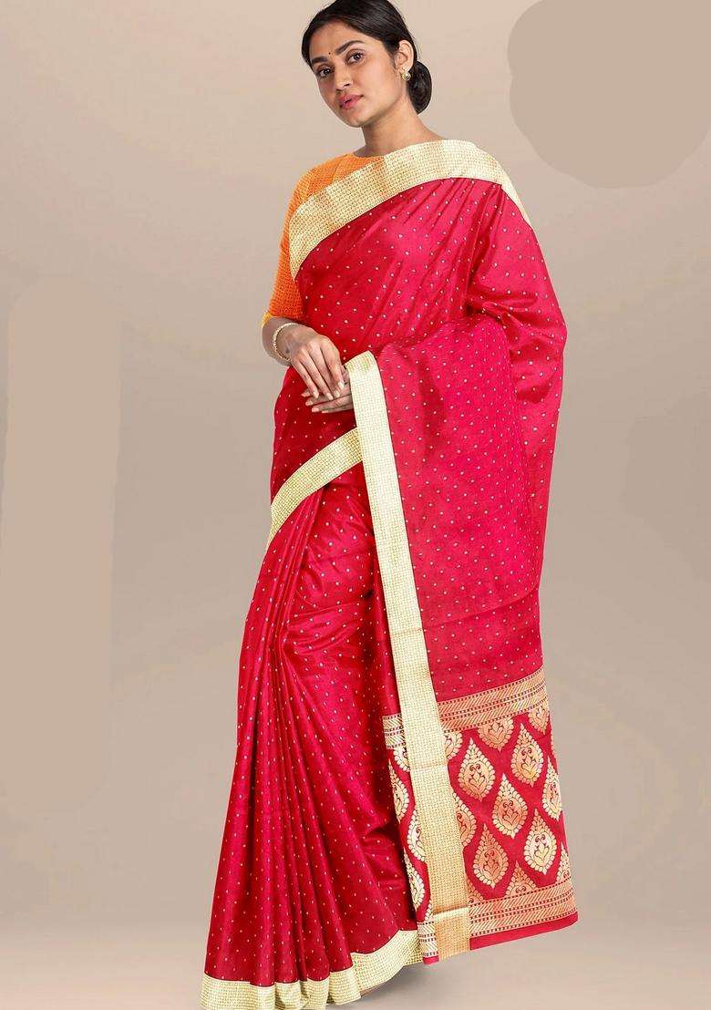 Red Color Banarasi Silk Saree With Small Dots And Zari Border With Traditional Woven Design For Women - Indya