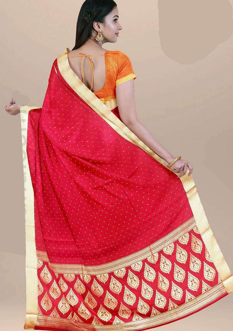 Red Color Banarasi Silk Saree With Small Dots And Zari Border With Traditional Woven Design For Women - Indya