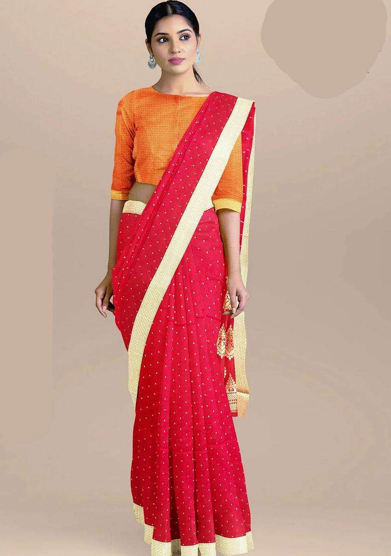 Red Color Banarasi Silk Saree With Small Dots And Zari Border With Traditional Woven Design For Women - Indya