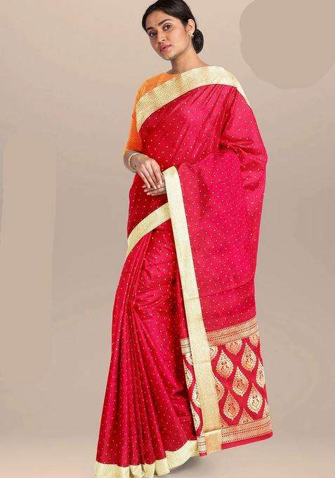 Red Color Banarasi Silk Saree With Small Dots And Zari Border With Traditional Woven Design For Women