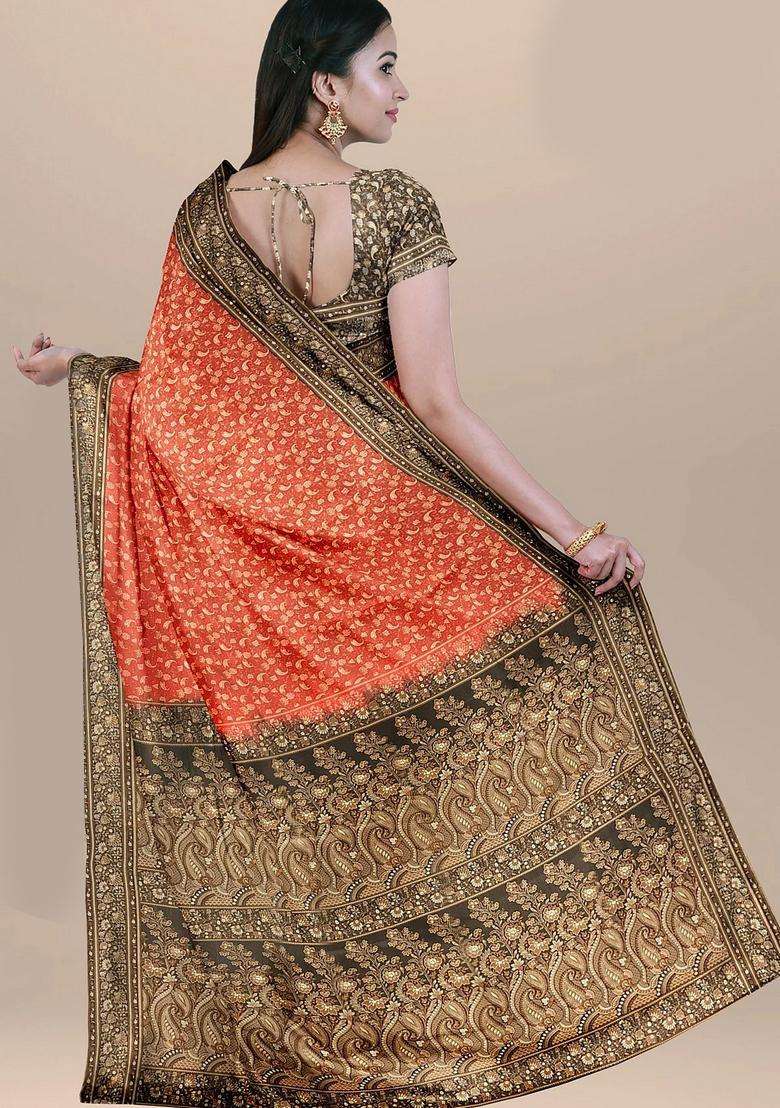 Carrot Red Color Pure Banarasi Tanchoi Silk Saree With Contrast Border And Pallu With Traditional Woven Design For Women - Indya