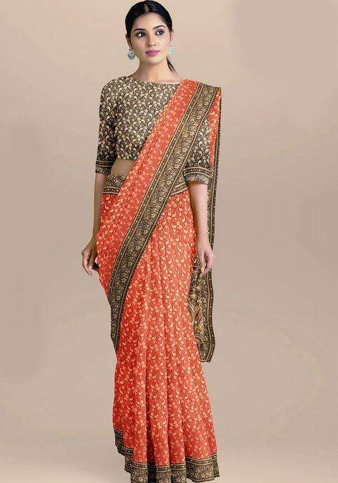 Carrot Red Color Pure Banarasi Tanchoi Silk Saree With Contrast Border And Pallu With Traditional Woven Design For Women