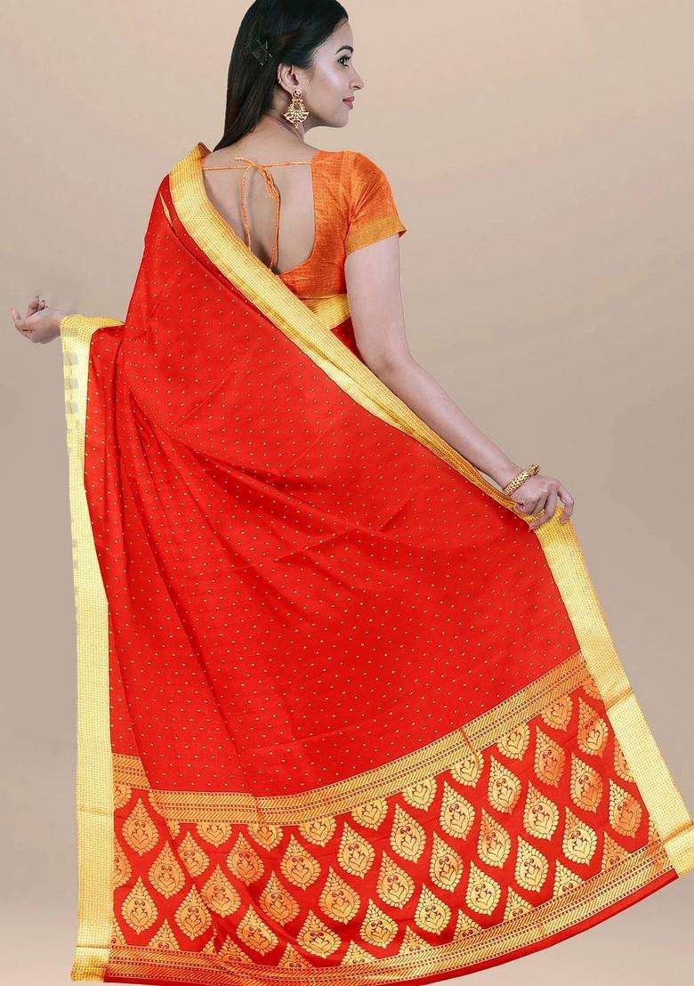 Reddish Orange Color Banarasi Silk Saree With Small Dots Border And Pallu With Traditional Woven Design For Women - Indya