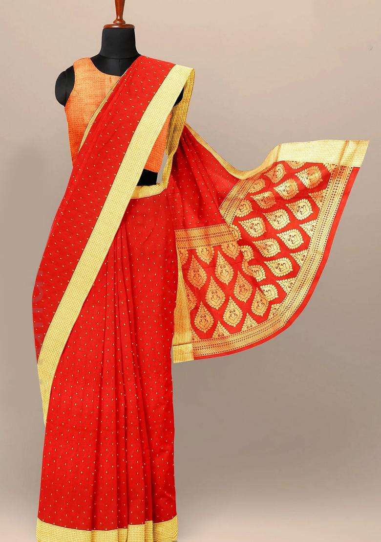 Reddish Orange Color Banarasi Silk Saree With Small Dots Border And Pallu With Traditional Woven Design For Women - Indya