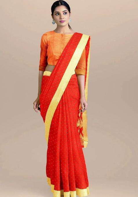 Reddish Orange Color Banarasi Silk Saree With Small Dots Border And Pallu With Traditional Woven Design For Women
