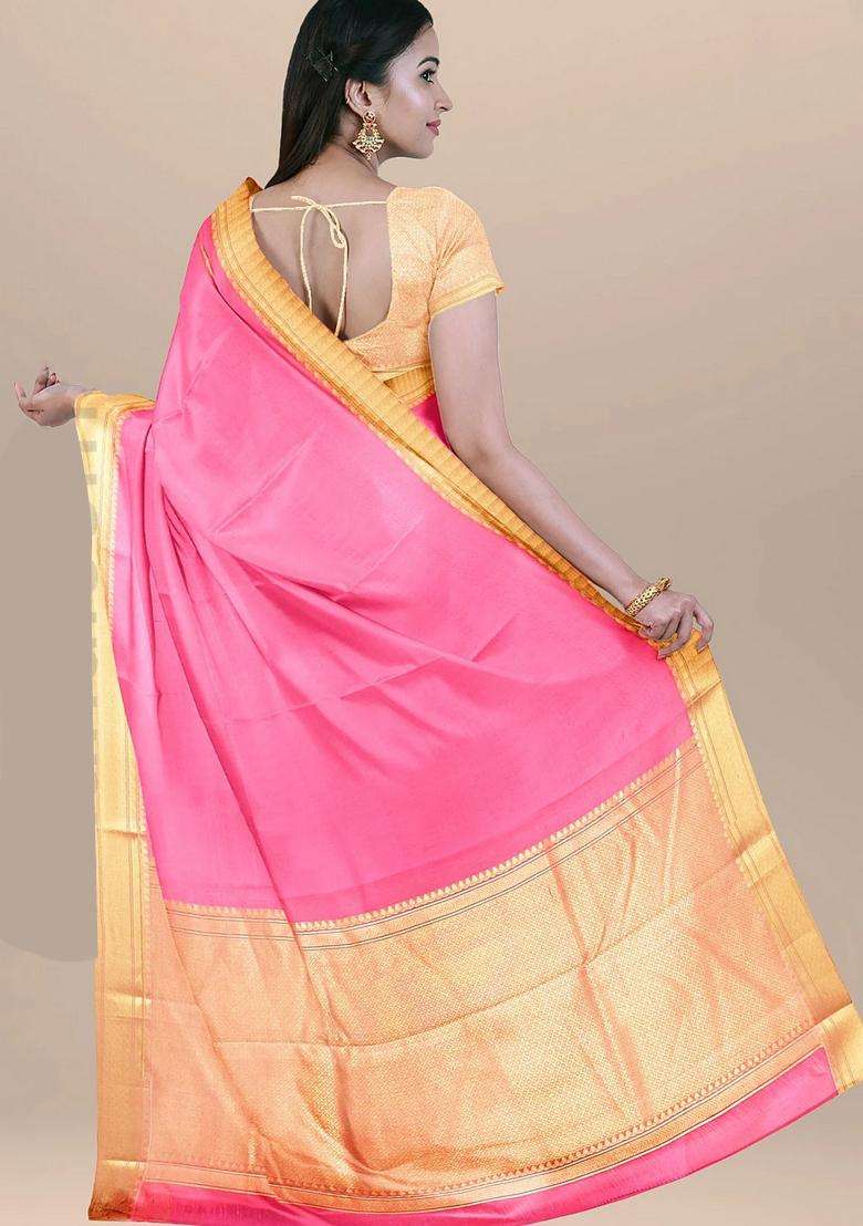 Soft Pink Color Banarasi Cotton Silk Saree With Golden Zari Border And Heavy Pallu With Traditional Woven Design For Women - Indya