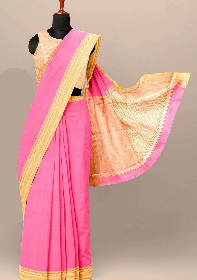 Soft Pink Color Banarasi Cotton Silk Saree With Golden Zari Border And Heavy Pallu With Traditional Woven Design For Women - Indya