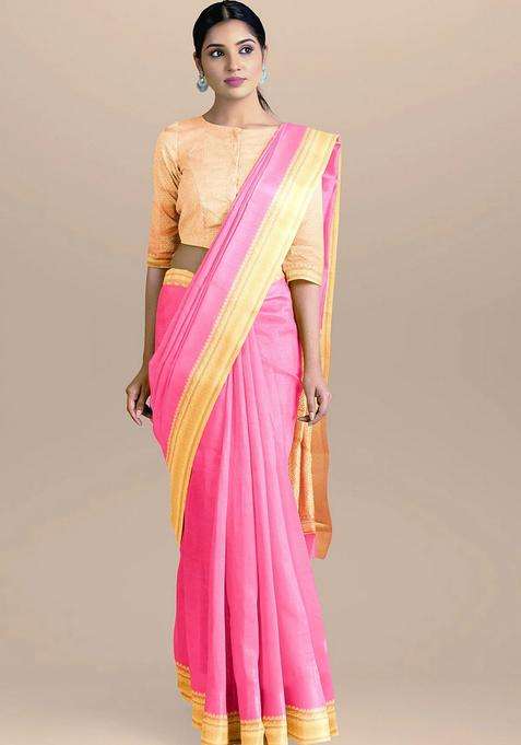 Soft Pink Color Banarasi Cotton Silk Saree With Golden Zari Border And Heavy Pallu With Traditional Woven Design For Women