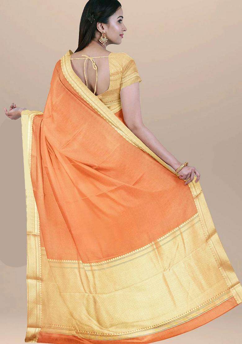 Orange Peach Color Banarasi Cotton Silk Saree With Golden Zari Border And Heavy Pallu With Traditional Woven Design For Women - Indya