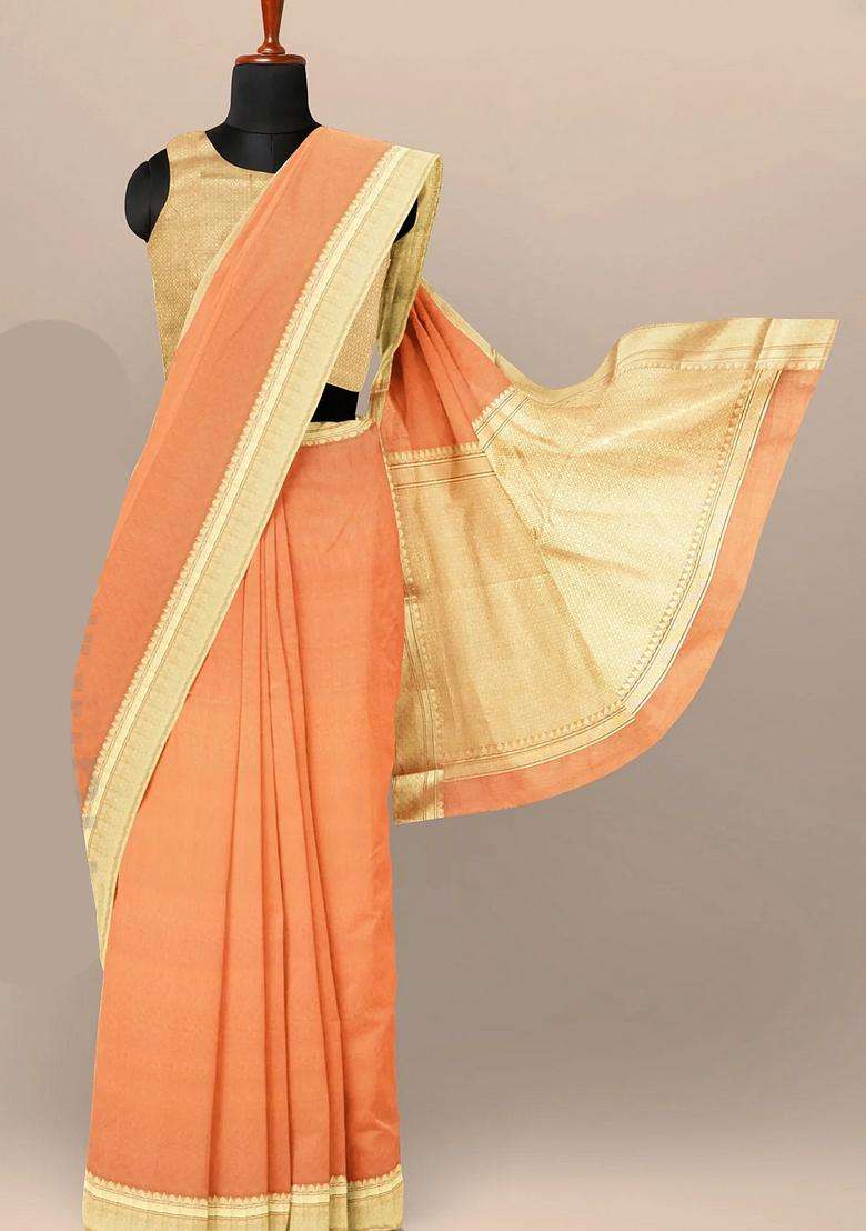 Orange Peach Color Banarasi Cotton Silk Saree With Golden Zari Border And Heavy Pallu With Traditional Woven Design For Women - Indya
