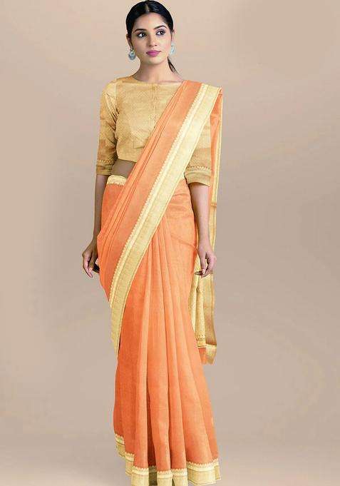 Orange Peach Color Banarasi Cotton Silk Saree With Golden Zari Border And Heavy Pallu With Traditional Woven Design For Women