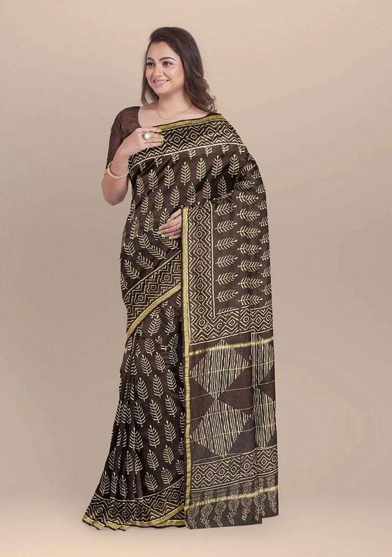 Brown Color Chanderi Printed Silk Cotton Saree For Women - Indya