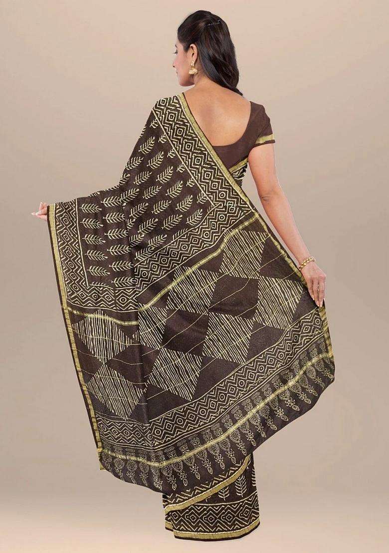 Brown Color Chanderi Printed Silk Cotton Saree For Women - Indya