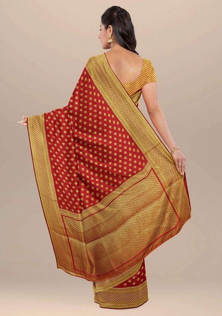 Red Color Banarasi Silk Silk Cotton Saree With Golden Small Zari Booty And Pallu With Traditional Woven Design For Women - Indya