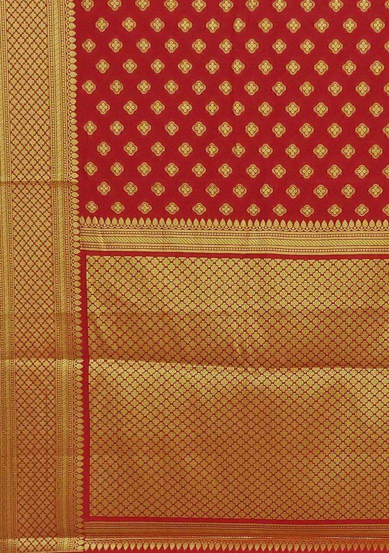 Red Color Banarasi Silk Silk Cotton Saree With Golden Small Zari Booty And Pallu With Traditional Woven Design For Women - Indya