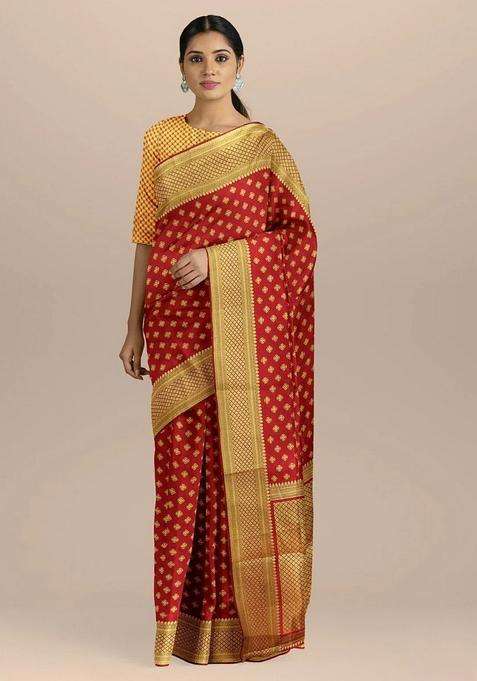 Red Color Banarasi Silk Silk Cotton Saree With Golden Small Zari Booty And Pallu With Traditional Woven Design For Women