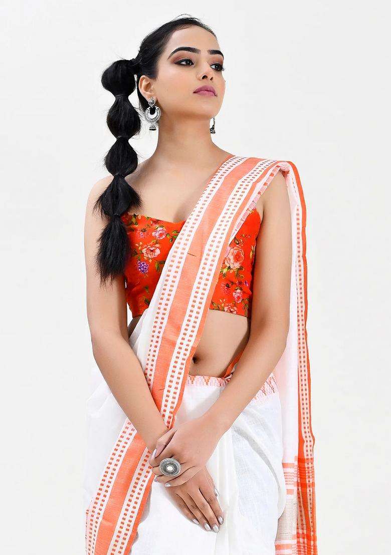 White Color Pure Cotton Woven Design Temple Border Maheshwari Handloom Saree With Korvai And Temple Border Design For Women - Indya