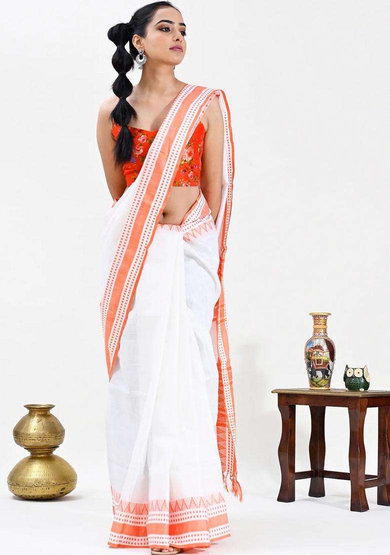 White Color Pure Cotton Woven Design Temple Border Maheshwari Handloom Saree With Korvai And Temple Border Design For Women - Indya