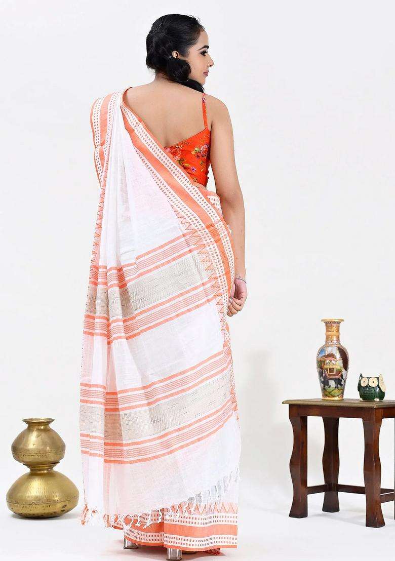 White Color Pure Cotton Woven Design Temple Border Maheshwari Handloom Saree With Korvai And Temple Border Design For Women - Indya