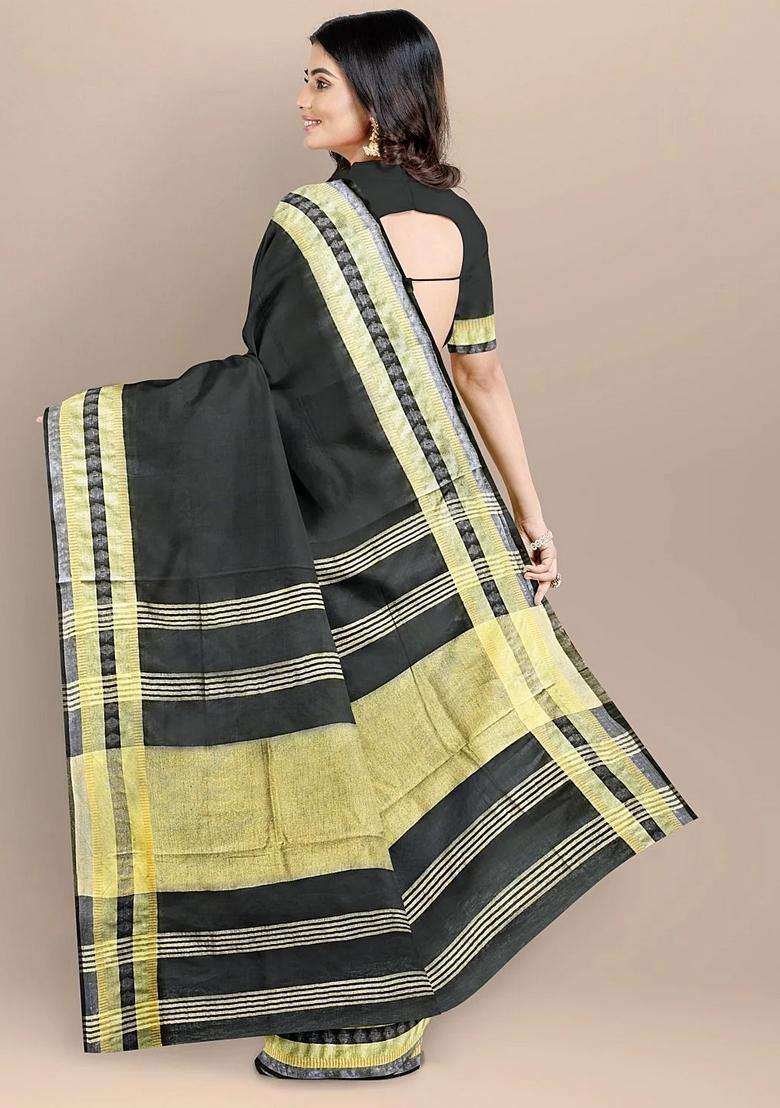 Black Color Pure Cotton Solid Maheshwari Handloom Saree With Traditional Woven Design For Women - Indya