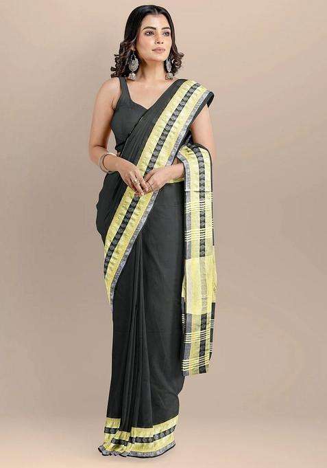 Black Color Pure Cotton Solid Maheshwari Handloom Saree With Traditional Woven Design For Women