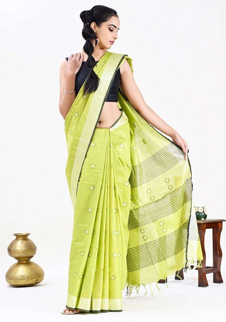 Green Color Pure Cotton Woven Mangalagiri Handloom Saree With Traditional Woven Design For Women - Indya