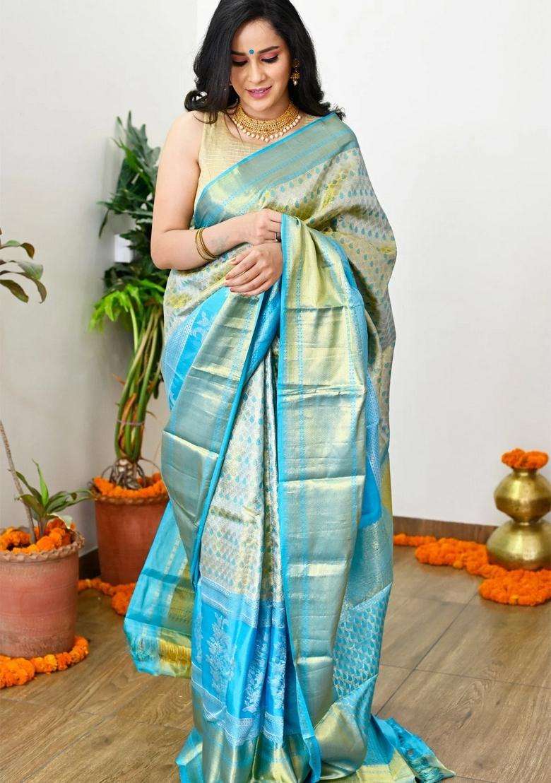 Gold Handloom Pure Silk Saree With Sky Blue Border With Zari Work Kanjivaram Saree With Traditional Woven Design For Women - Indya
