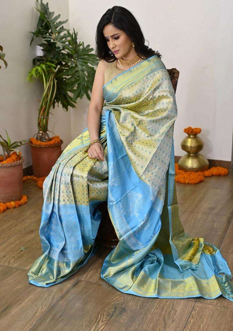 Gold Handloom Pure Silk Saree With Sky Blue Border With Zari Work Kanjivaram Saree With Traditional Woven Design For Women - Indya