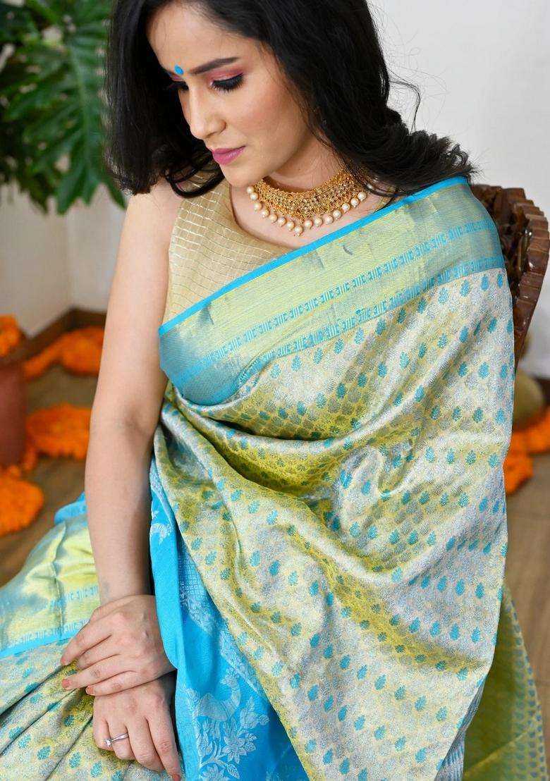Gold Handloom Pure Silk Saree With Sky Blue Border With Zari Work Kanjivaram Saree With Traditional Woven Design For Women - Indya