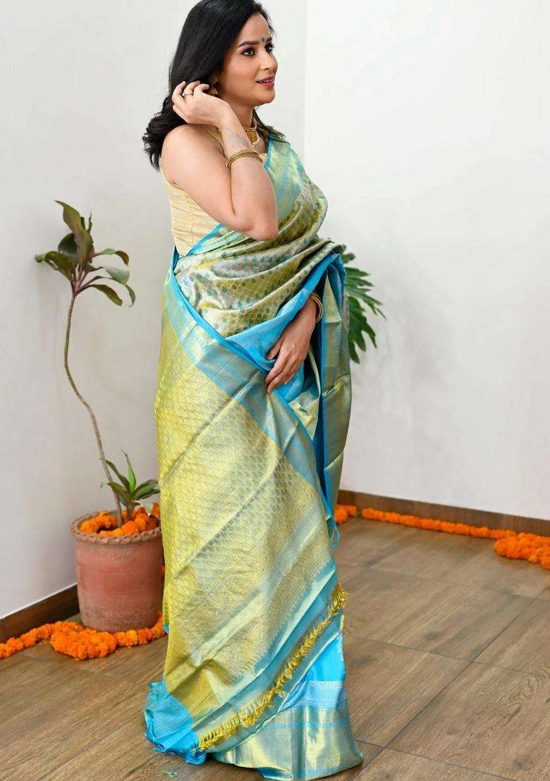 Gold Handloom Pure Silk Saree With Sky Blue Border With Zari Work Kanjivaram Saree With Traditional Woven Design For Women - Indya