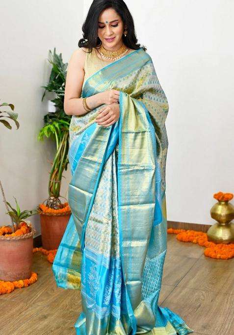 Gold Handloom Pure Silk Saree With Sky Blue Border With Zari Work Kanjivaram Saree With Traditional Woven Design For Women