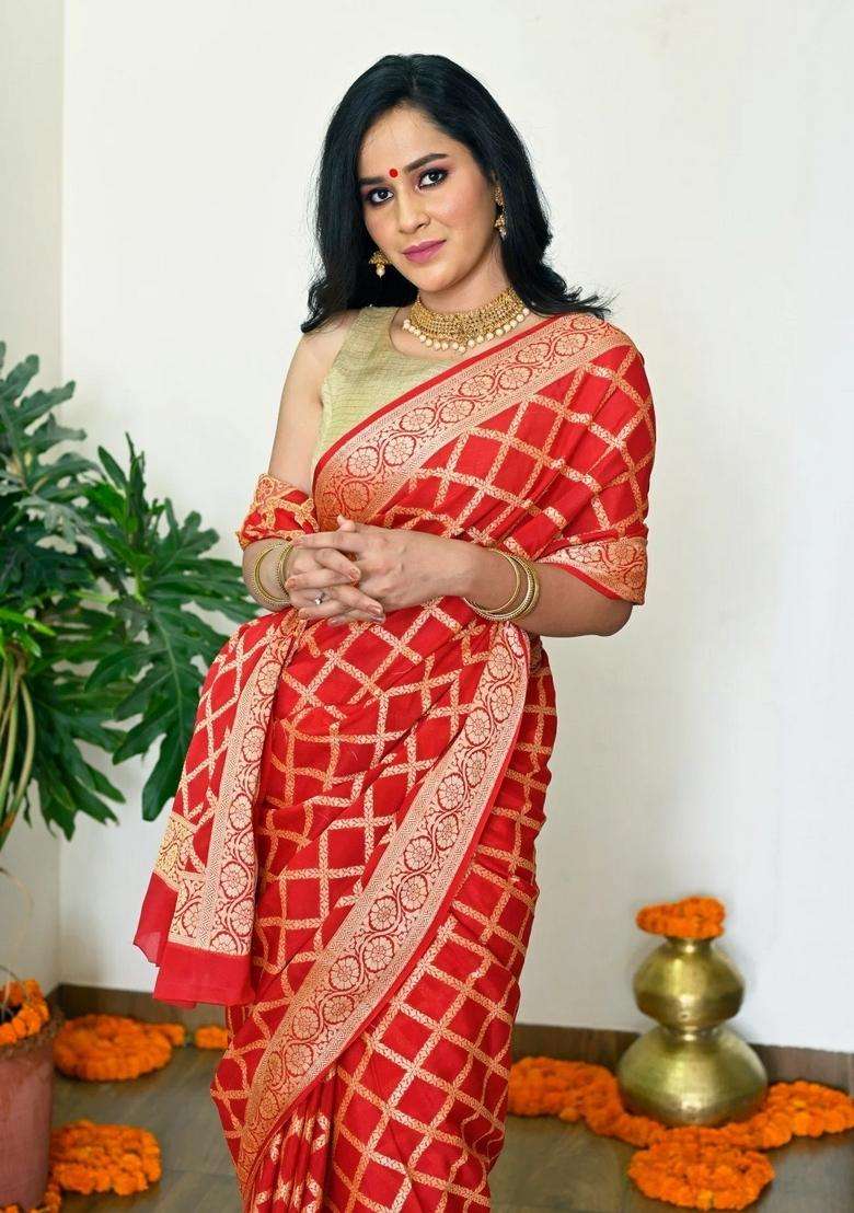 Blood Red Pure Banarasi Georgette Ethnic Handloom With Zari Saree With Traditional Woven Design For Women - Indya