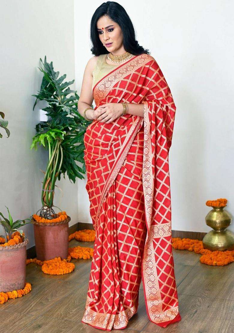 Blood Red Pure Banarasi Georgette Ethnic Handloom With Zari Saree With Traditional Woven Design For Women - Indya