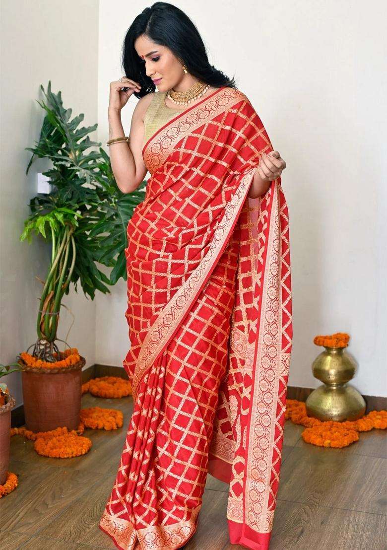 Blood Red Pure Banarasi Georgette Ethnic Handloom With Zari Saree With Traditional Woven Design For Women - Indya