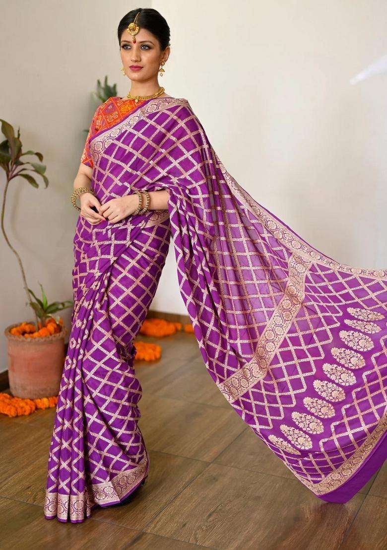 Purple Pure Banarasi Georgette Handloom Saree With Rich Zari With Traditional Woven Design For Women - Indya