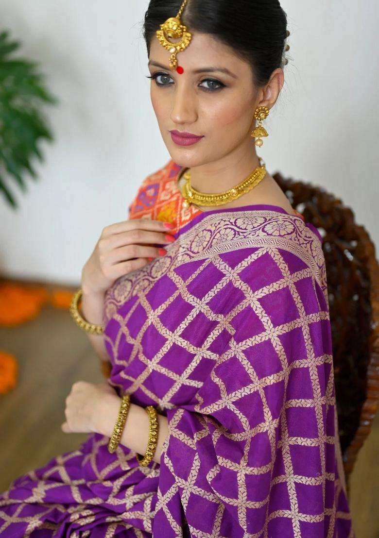 Purple Pure Banarasi Georgette Handloom Saree With Rich Zari With Traditional Woven Design For Women - Indya
