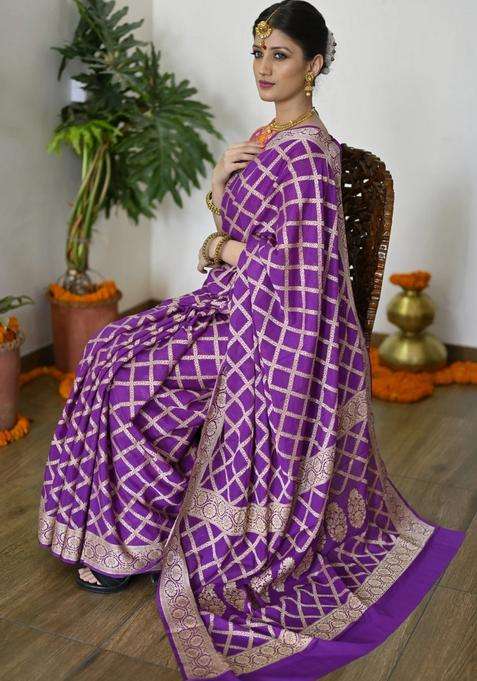 Purple Pure Banarasi Georgette Handloom Saree With Rich Zari With Traditional Woven Design For Women