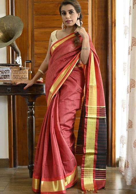 Red Color Silk Cotton Solid Mangalagiri Handloom Saree With Zari Border With Traditional Woven Design For Women