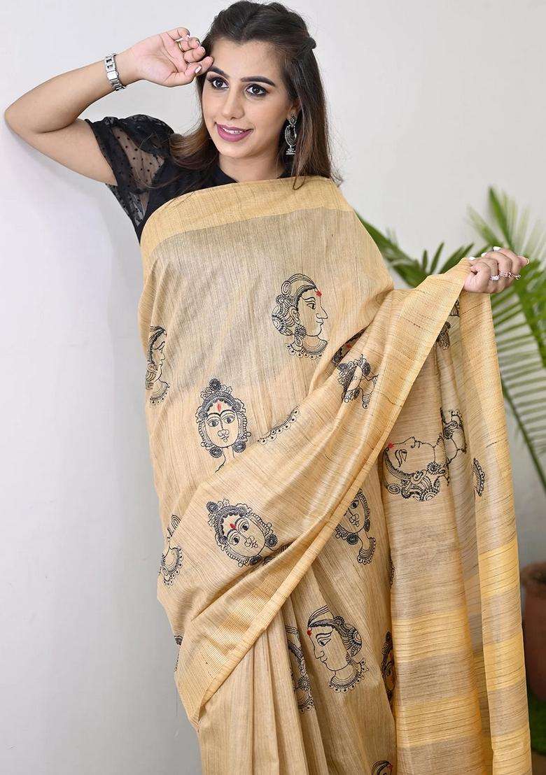 Beige Orange Color Silk Cotton Kalamkari Handloom Saree With Traditional Woven Design For Women - Indya