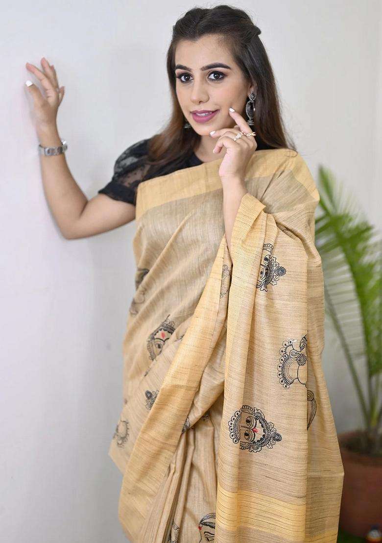 Beige Orange Color Silk Cotton Kalamkari Handloom Saree With Traditional Woven Design For Women - Indya