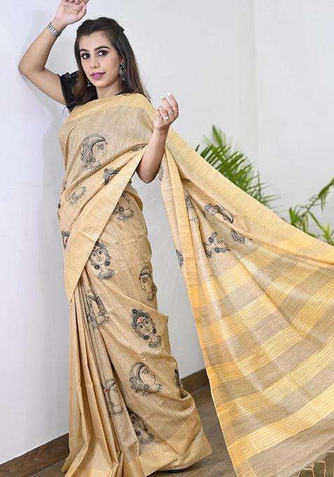 Beige Orange Color Silk Cotton Kalamkari Handloom Saree With Traditional Woven Design For Women