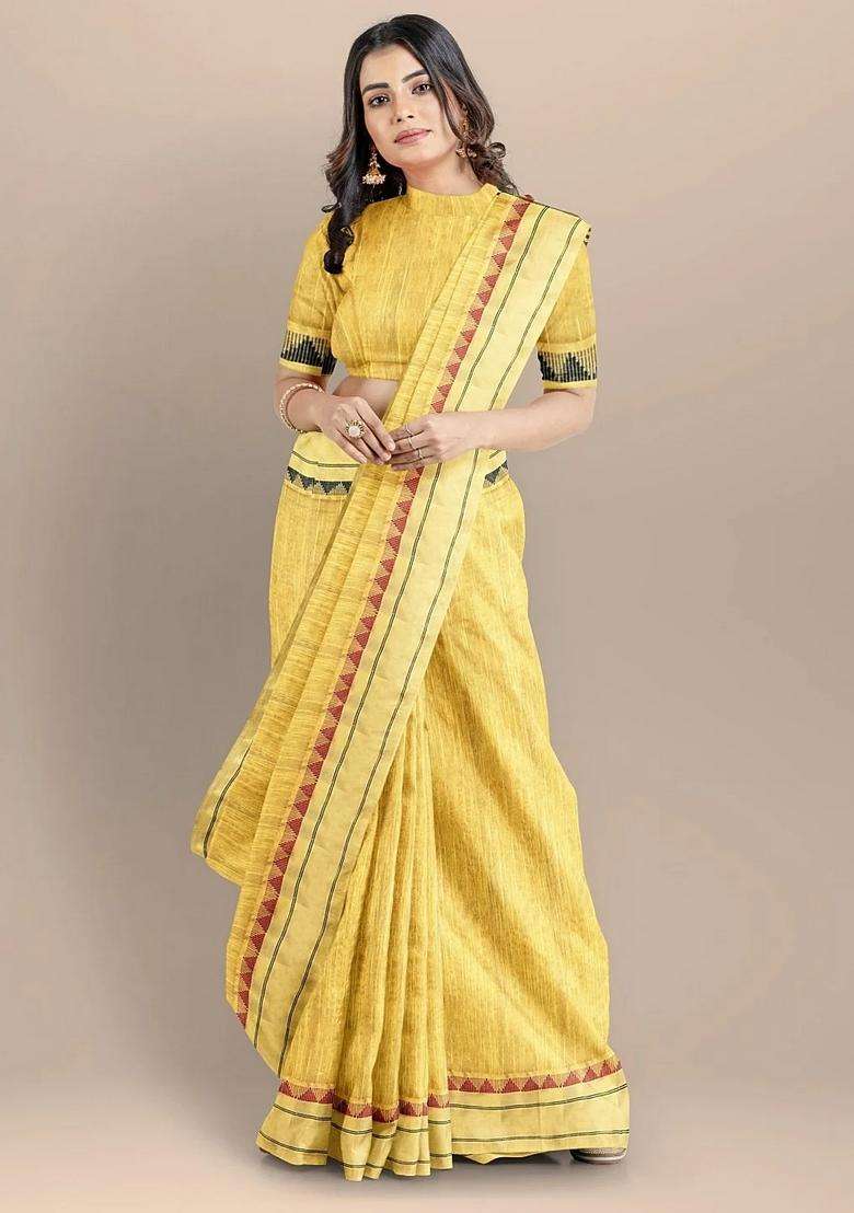Yellow Color Silk Cotton Solid Maheshwari Handloom Saree With Traditional Woven Design For Women - Indya
