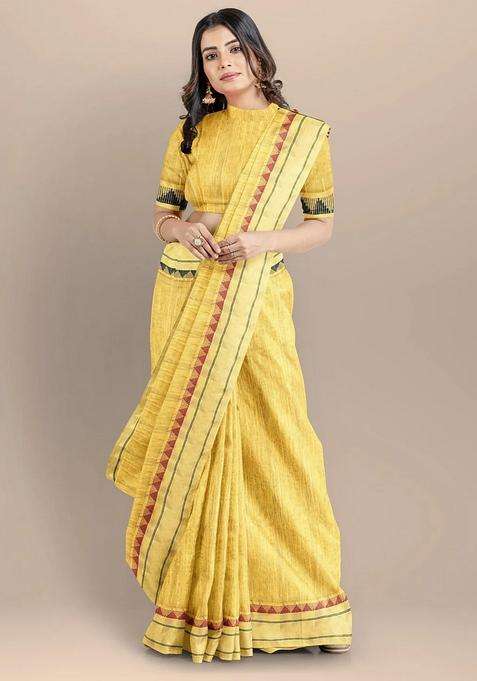Yellow Color Silk Cotton Solid Maheshwari Handloom Saree With Traditional Woven Design For Women