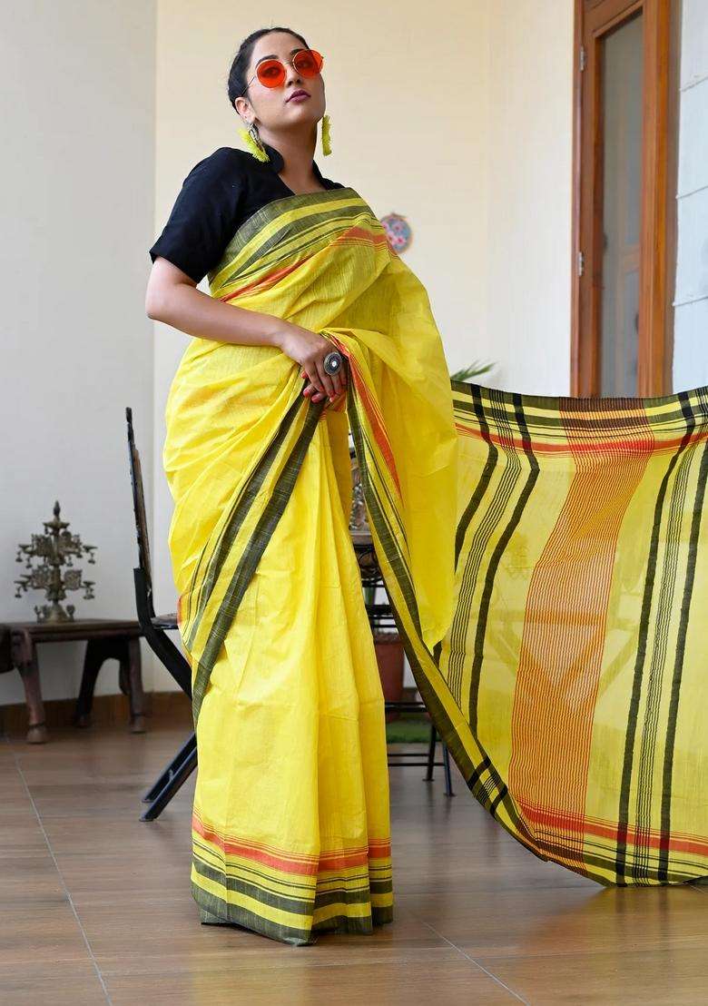 Yellow Color Pure Cotton Woven Design Maheshwari Handloom Saree With Traditional Woven Design For Women - Indya