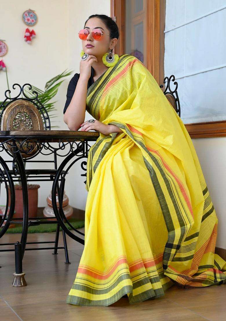 Yellow Color Pure Cotton Woven Design Maheshwari Handloom Saree With Traditional Woven Design For Women - Indya