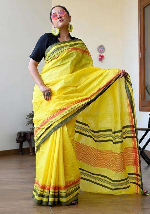 Yellow Color Pure Cotton Woven Design Maheshwari Handloom Saree With Traditional Woven Design For Women